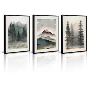 Mountain Forest Wall Art Decor Watercolor Landscape Canvas Pictures Natural Abstract Wall Art Painting Tree Forest Poster Prints Modern Artwork for Living Room Bedroom 12x16 Inch Framed Set of 3