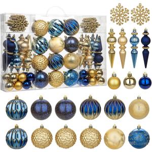 92ct Christmas Tree Decoration Set Christmas Ball Ornaments with Srtings Shatterproof Christmas Baubles for Christmas Holiday Wreath Garland Party Decoration, Blue-Gold