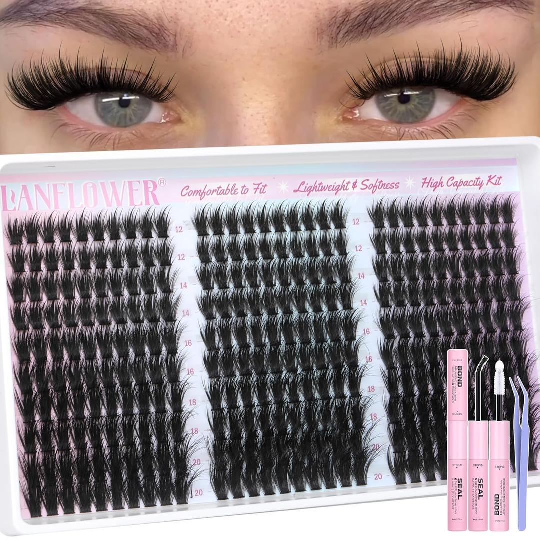 Lanflower Wispy Lash Clusters Kit Fairy Lash Extension Kit 300Pcs Wispy Eyelash Extension Kit Natural Cluster Eyelash Extensions Kit 12-20mm Eyelash Clusters CD Curl Individual Lashes Clusters