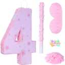 Pink Number 4 Piata with Pinata Stick & Blindfold for Kids Girls Boys 4th Birthday Party Decorations Carnival Games with Hair Claw Clip Gift (Number 4)