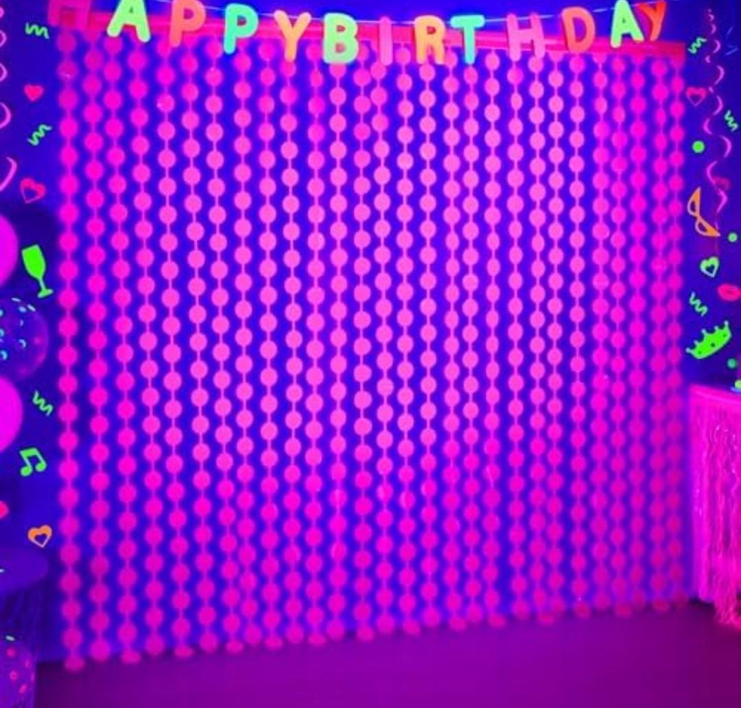 Mega-L Glow in The Dark Party Supplies, 2 Pack Neon Party Decorations 3.3 x 6.6 ft Fluorescent Fuchsia Round Tinsel Foil Fringe Curtains, Photo Booth Prop Backdrop Streamer Birthday Party Decor 3Pack