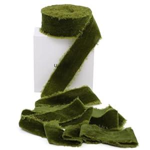 Green Velvet Ribbon 1 1/ 2 Inch 5 Yards Moss Green Frayed Edge Velvet Ribbon for Christmas Tree Gift Wrapping Flower Bouquet Baby Shower Christmas Decorations