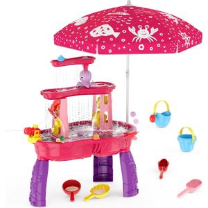 HYES Water Table for Toddlers 3-5, 3-Tier Kids Splash Sand Table Water Toys with Umbrella, Rain Showers Splash Pond for Outdoor Beach Backyard Summer, Activity Sensory Playset for Boys Girls, Red