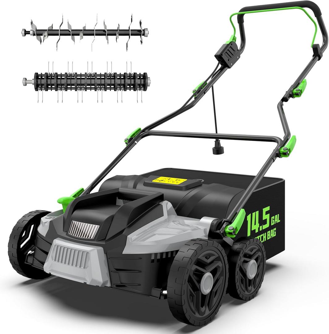 16-Inch 15.5 Amp 2-in-1 Electric Dethatcher and Scarifier with 14.5-Gallon Removable Thatch Collection Bag, Lawn Dethatcher with 5-Position Depth Adjustment, Quick-Fold, Keeps Lawn Healthy (Green)