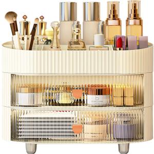 Cosmetics Organizer, Makeup Organizer with 3 Drawers Cosmetics Display Cases for Perfume, Creams, Makeup Brushes, Jewelry, Lipsticks- Desk Organizer for Vanity, Skincare (5018)