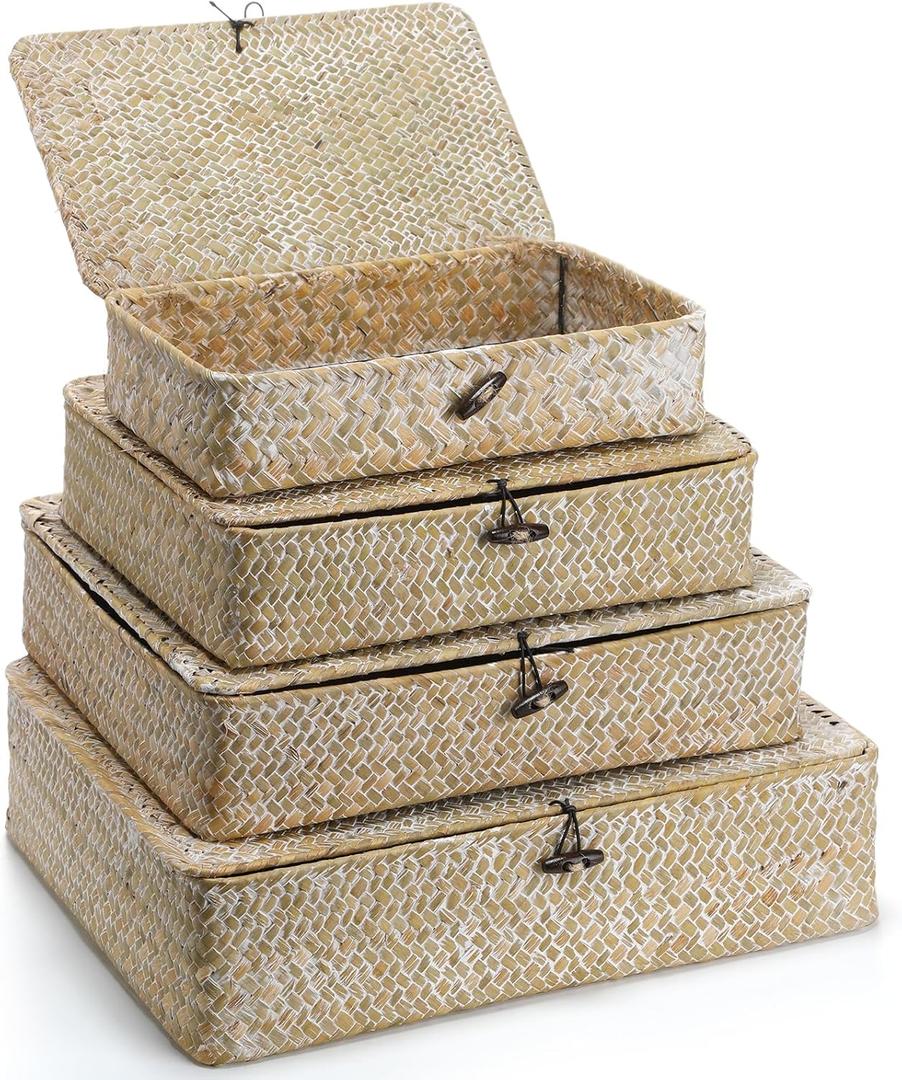 Set of 4 Seagrass Basket with Lid Wicker Storage Basket Decorative Storage Boxes with Lids Flat Storage Bins Woven Organizer Baskets for Shelf Closet Bedroom, 4 Sizes (White)