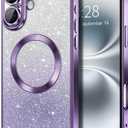 Hython for iPhone 16 Case Clear Magnetic Glitter Phone Cases [Compatible with MagSafe] Full Camera Lens Protector Slim Gradient Sparkle Luxury Plating Shockproof Protective Cover Women Girls, Purple