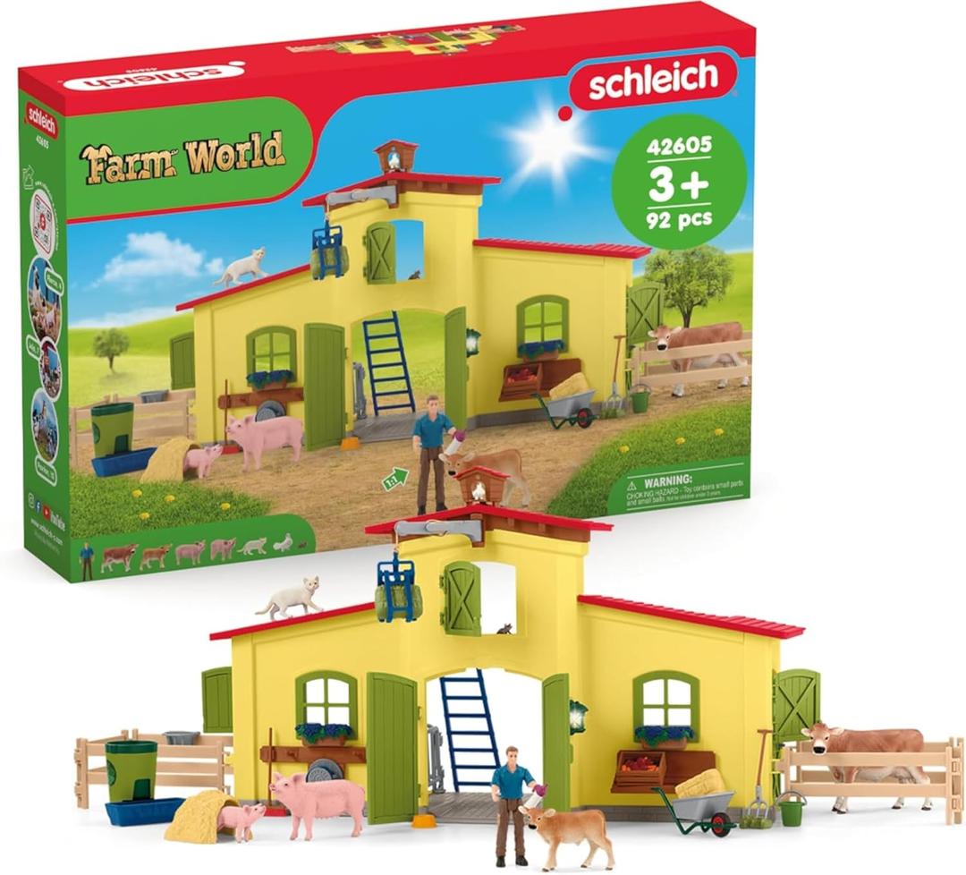 Schleich Farm World - 92PC Playset with Barn Animal Toys and Accessories - Realistic Barnyard Collection with Farmer, Cow, Pig, and Cat Figurines - for Imaginative Play - Kids 3+ | 42578, Current