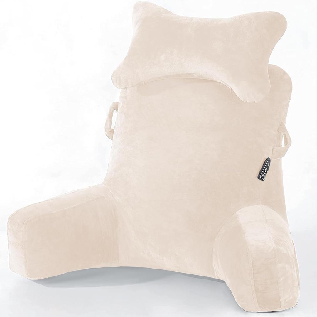 SLIGUY Reading Pillow-Bed Rest Pillow with Detachable Neck Roll & Higher Support Arm for Sitting in Bed Couch or Floor-Backrest Reading Pillow Adult Back Pillow for Reading/Watching TV/Gaming,Beige (Medium)