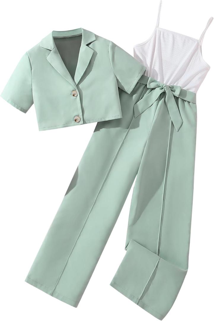 Hilinker Girl's 2 Piece Outfits Short Sleeve Blazer Belted Wide Leg Sleeveless Jumpsuit Sets Green White 11-12 Year