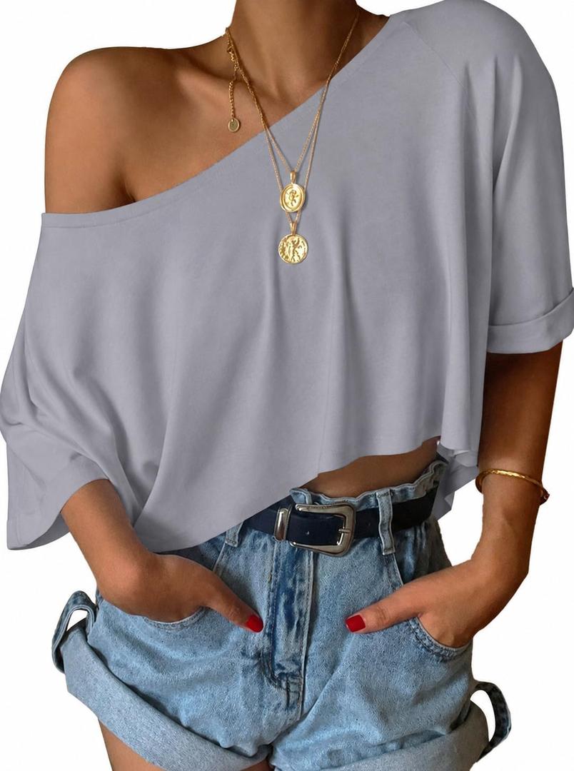SOFIA'S CHOICE Women's Off Shoulder Crop Tops Loose Boat Neck Short Sleeve T Shirt Silver Gray (XL)