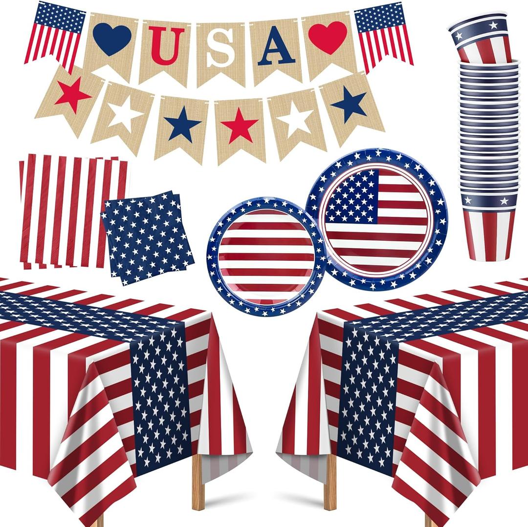 OHOME 4th of July Decorations - Serve 24 - Patriotic Plates Tablecloth Napkins Cups Banner | Fourth of July Accessories for Home Outdoor | American Flag Party Supplies