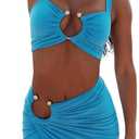 Women's Sexy 2 Piece Maxi Skirt Sets O-Ring Hollow Out Off Shoulder Crop Top High Slit Long Dress Set (Blue), S