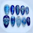 MISUD Press on Nails - Medium Almond Glue on Nails with Summer Blue, Acrylic Flower Butterfly Design 24 pcs