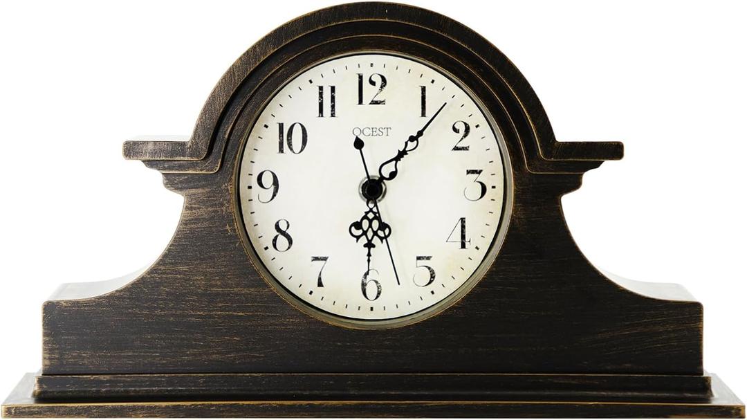 OCEST Vintage Farmhouse Mantel Clock - 13 x 7 Inch Quartz Gilt Finish Battery Operated, Plastic Napoleon Classic Desk & Shelf Dcor for Living Room Office Tabletop Bedroom (Walnut Brown)