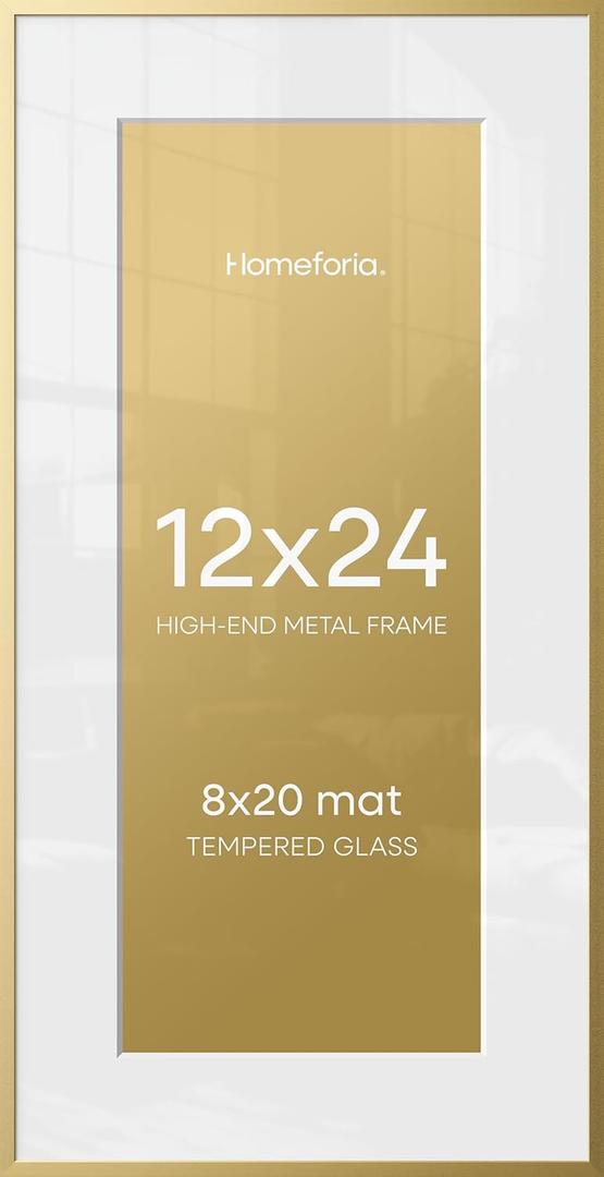 Homeforia 12x24 Picture Frame Gold, High End Metal 12x24 Poster Frames with Mat 8x20 inch Photo, 12 x 24 Gold Frames Matted to 8 by 20 Print, 24x12 Panoramic Frames, Tempered Glass, Wall Kit, Set of 1