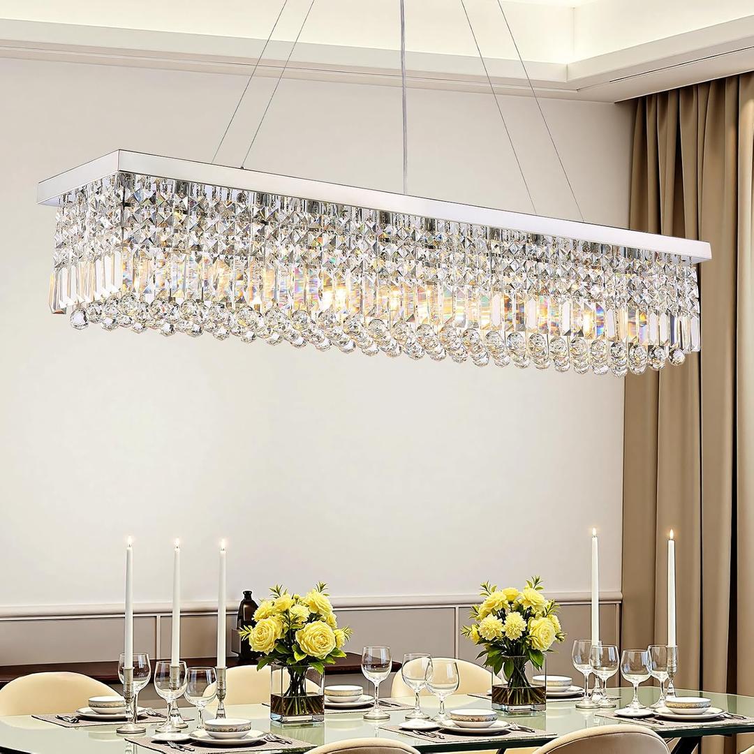 Modern Crystal Chandeliers for Dining Room Light Fixture, 10-Light Rectangle Chandelier for Kitchen Island Living Room, L47.2 Inch, Chrome Finish, L47.2"XW10"XH10"