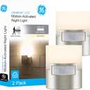 GE LED Motion Sensor Night Light, Plug into wall, 40 Lumens, Soft White, UL-Certified, Energy Efficient, Ideal Nightlight for Bedroom, Bathroom, Kitchen, Hallway, 46633, Silver, 2 Pack