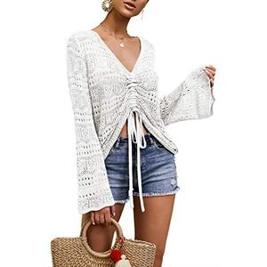 Saodimallsu Womens Boho Off Shoulder Sheer Crop Tops Bell Sleeve Flowy Oversized Crochet Ruched Pullover Sweaters, L