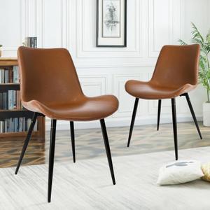 CangLong Brown Dining Chairs Set of 2 with Faux Leather Cushion Seat, Upholstered Armless Accent Chairs with Comfy Back and Sturdy Black Metal Legs for Living, Restaurant & Meeting Room, Brown