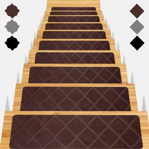 Stair Treads for Wooden Steps - 15pcs, 8x30in Carpet Stairs Runner Indoor Non-Slip Mats for Kids, Elders and Pets (Cube Brown)