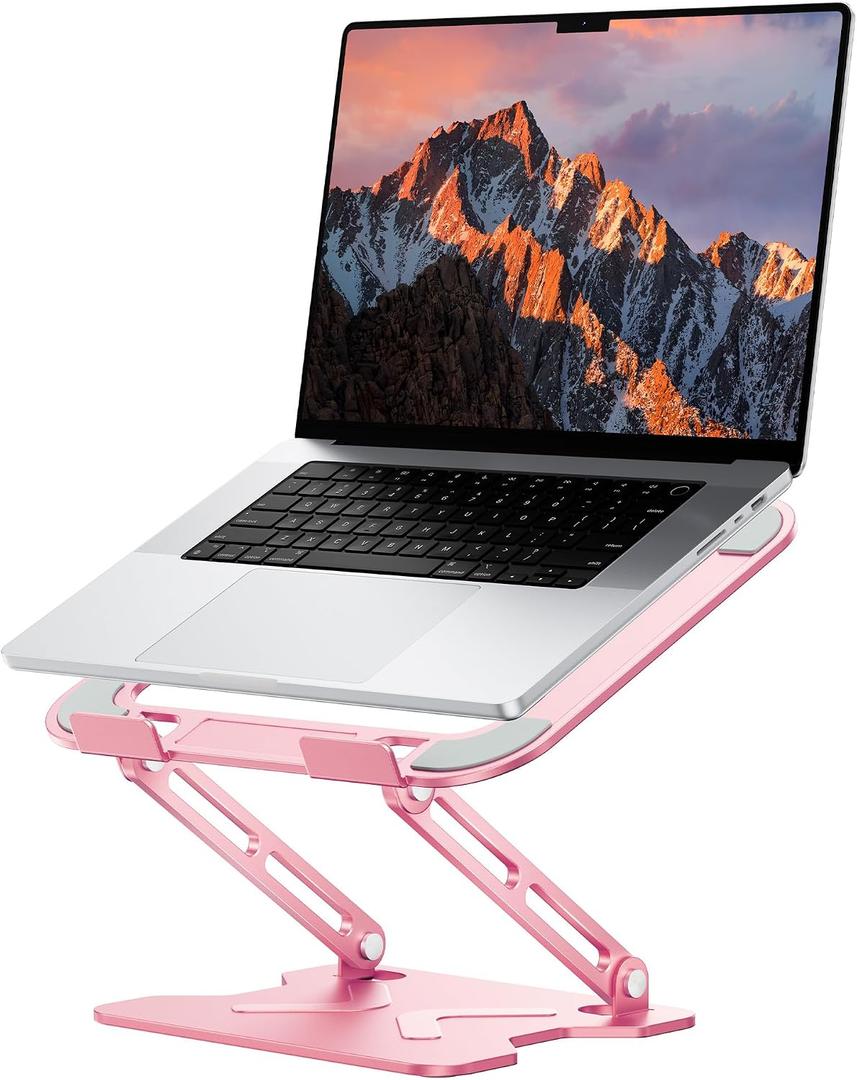 JCZT Adjustable Laptop Stand for Desk, Metal Foldable Laptop Riser, Portable Laptop Holder Mount, Ventilated Cooling Computer Notebook Stand for MacBook Air Pro, All 10-16'' Notebooks Laptops, Pink