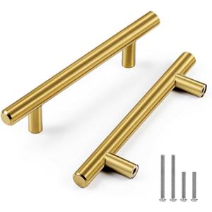 CZC HOME 5 Pack 6 Inch Cabinet Pulls Stainless Steel Drawer Handles, 3.75" Hole Center Drawer Pulls for Kitchen Dresser Cupboard with 2 Sizes Screws Brushed Brass