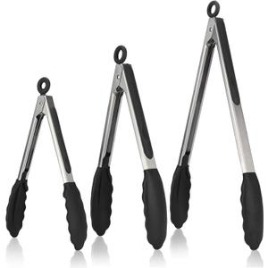 Kitchen Tongs, U-Taste 7/9/12 inches Cooking Tongs, with 600F High Heat-Resistant Non-Stick Silicone Tips, 18/8 Stainless Steel Handle, for Food Grill, Salad, BBQ, Frying, Serving, Pack of 3(Black)