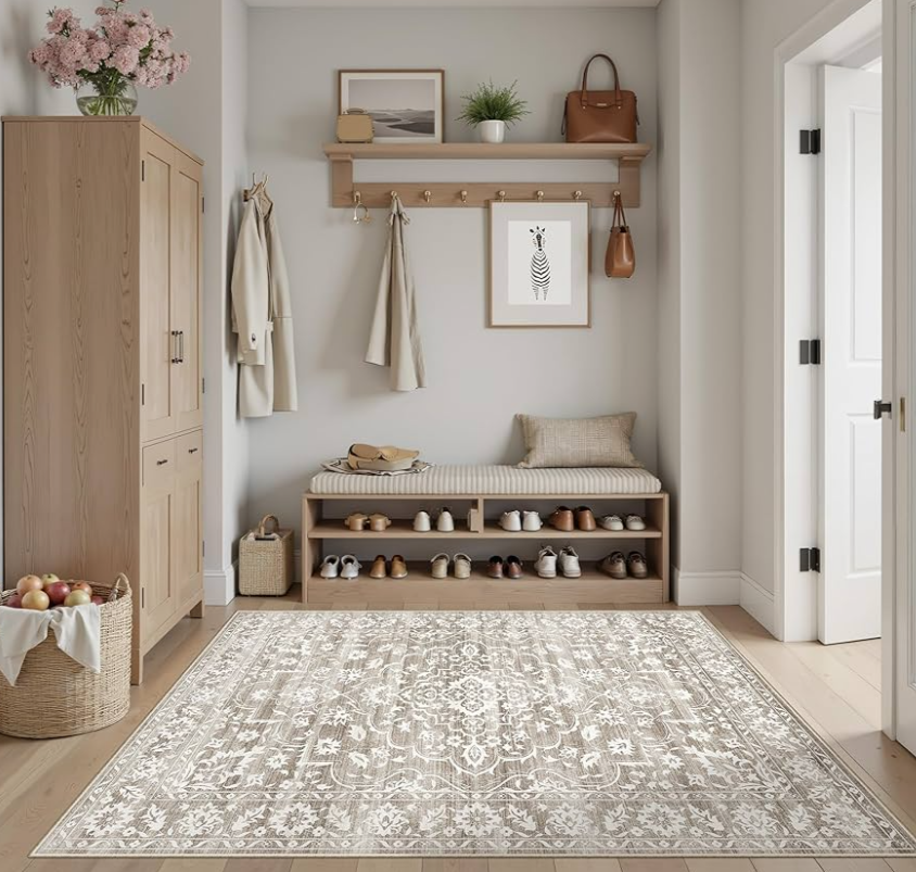 3x5 Area Rugs for Entryway,Washable Vintage Low Pile Non-Slip Throw Area Rugs, Accent Rug Floral Print Indoor Mat for Bedside Living Room Kitchen Bedroom Light Brown