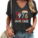 Chulianyouhuo Vintage 1976 T Shirts for Women 50th Birthday Gifts Letter Print Retro Party Tops Casual V Neck Tee Tshirts, L