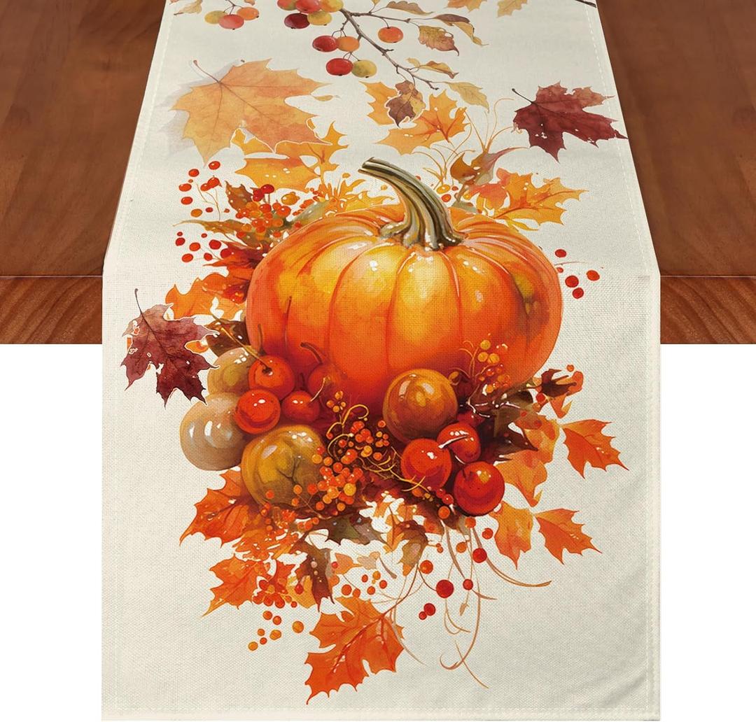 2 x Thanksgiving Table Runner, Hello Fall Pumpkin Hawthorn, Fall Table Decor Centerpieces for Home Kitchen Party Decorations 13x72 Inch