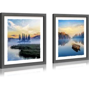 Lake Landscape Framed Wall Art: Modern Wilderness Boat Tree Scenery Foggy Mountain Picture Natural Sunset Sunrise Artwork Print Painting for Bedroom Living Room Bathroom Office, 12"L x 12"W