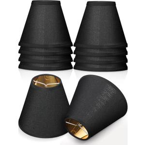 Macarrie 10 Pack Small Lamp Shade Barrel Fabric Lampshade Cover Clip on Table Floor Lamp Wall 3" x 6" x 5" Rustic Beige Linen Eyes Protected Appearance(Black and Gold)