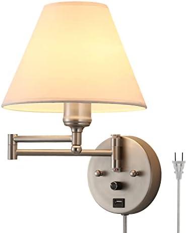PFQCGU Swing Arm Wall Sconces, Plug-in Wall lamp,Bedroom Wall lamp ， White Fabric Shade，，with dimmable Switch and USB Charging Port, Suitable for Bedside, Living Room, Reading (Nickel)