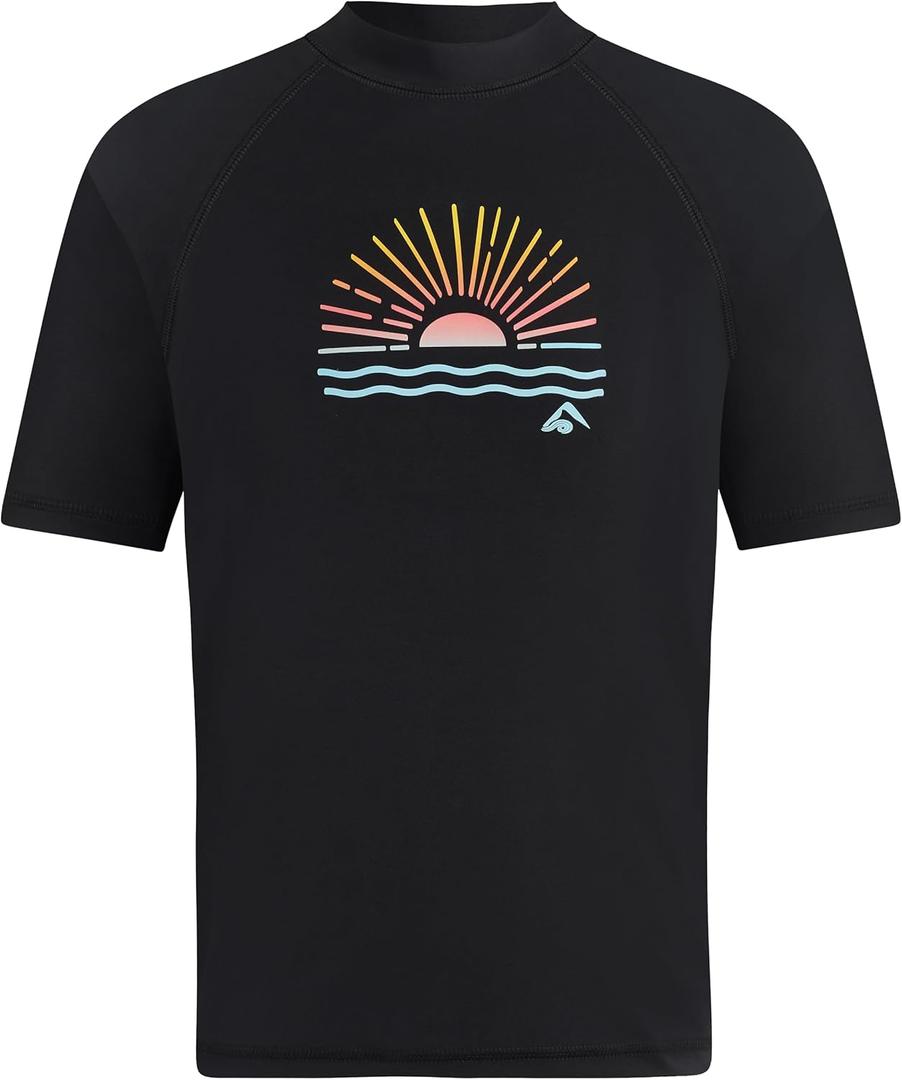 Kanu Surf Girls' Karlie Rash Guard UPF 50+ Sun Protection Short Sleeve Swim Shirt (8, Cori Black)