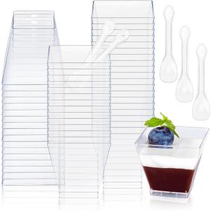 Oomcu 50 Pack 7oz Square Clear Plastic Dessert Cups & Spoons Disposable Mini Parfait Cups for Yogurt, Ice Cream, Jello, Candy, Salad, Appetizers, Mousse,Snack, Charcuterie, Pudding, Party Serving