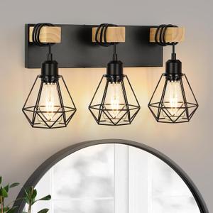 3-Light Farmhouse Vanity Light, Industrial Wood Bathroom Light Fixtures Over Mirror, Metal Lampshade for Bathroom, Hallway, Living Room