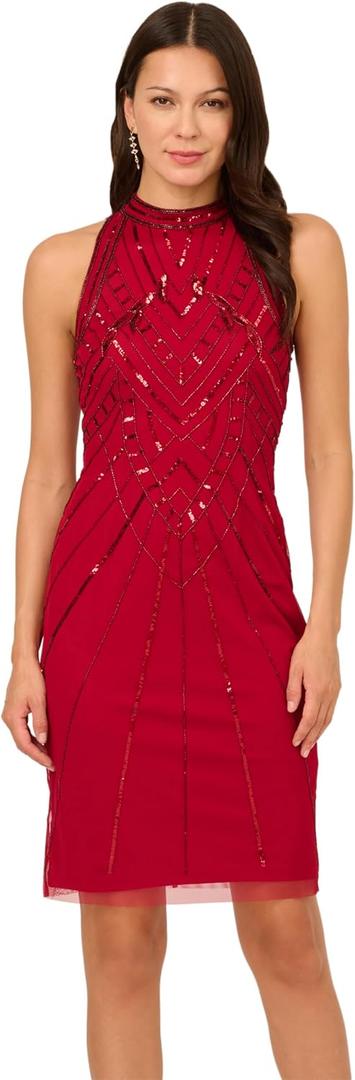 Adrianna Papell Women's Bead Mock Halter Dress (Red) 6