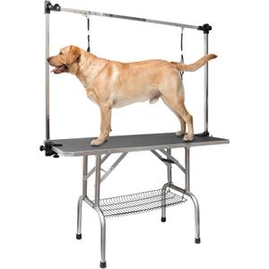 ROOMTEC 46" Dog Grooming Table,Foldable Home Pet Bathing Station with Adjustable Height Arm/Noose/Mesh Tray (Black)