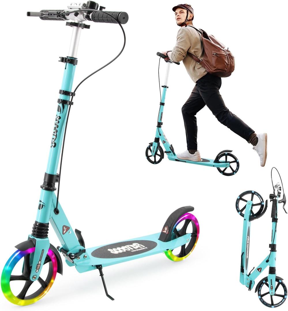 Scooter for Ages 8+ Teens and Adults Kick Scooter Foldable with Double Braking System Bells Adjustable Handlebars Kickstand Max Load 220 LBS 8" Big Wheels (blue)