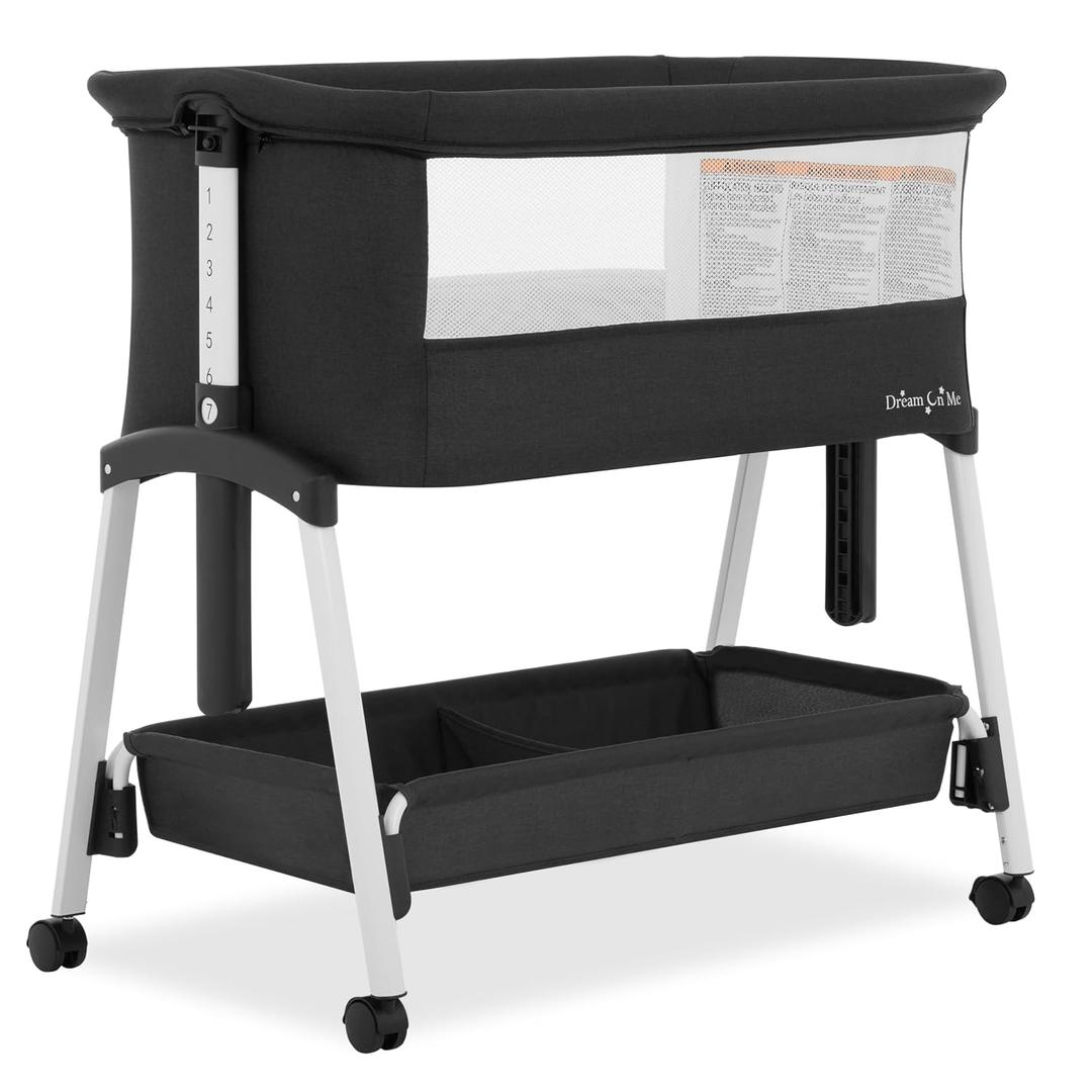 Dream On Me Calypso Portable Bassinet with Wheels, Adjustable Height Bedside Sleeper, Foldable Baby Bassinet with Breathable Mesh Sides, Foam Mattress, Easy Mobility & Travel-Friendly Design - Black