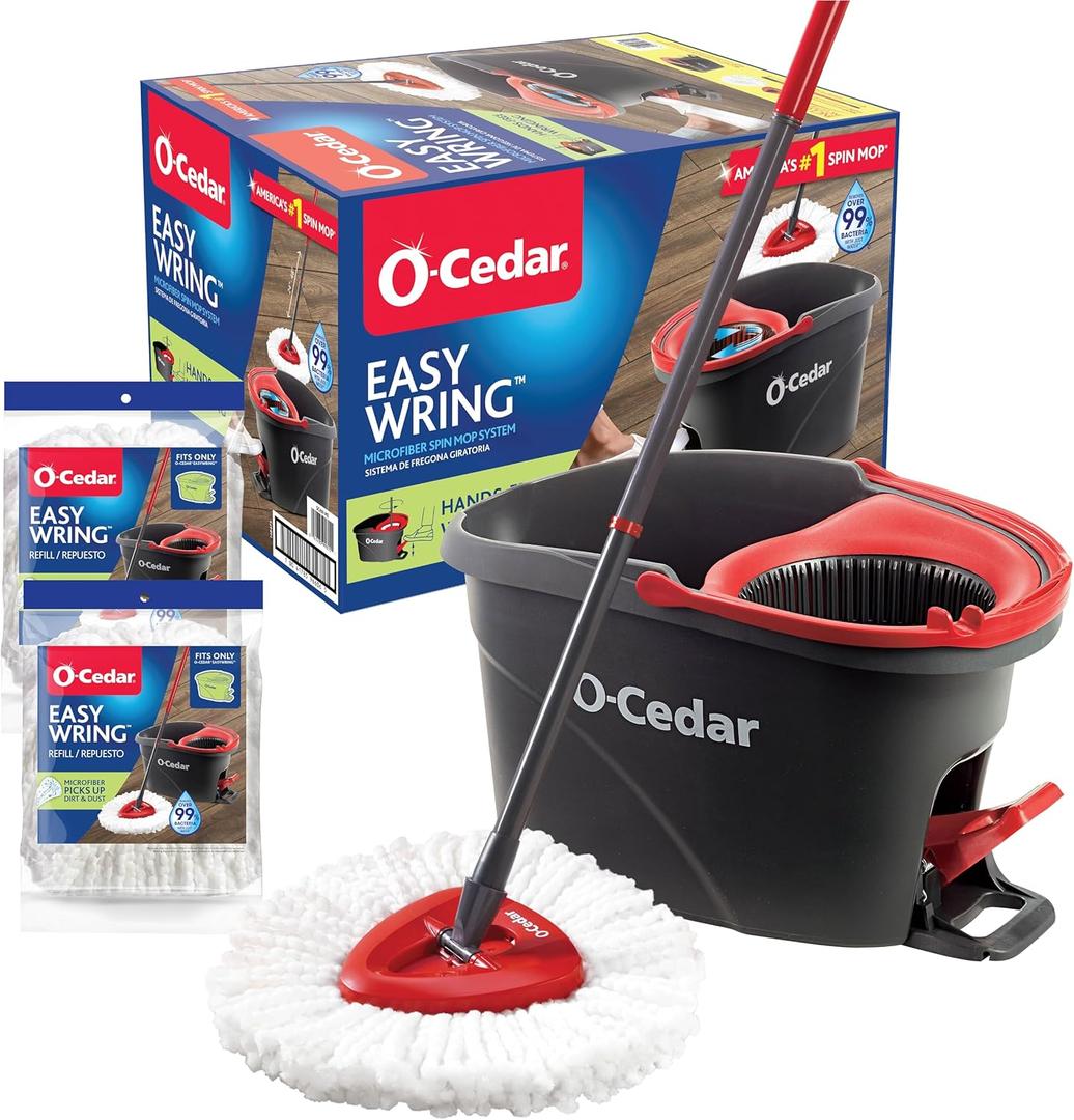 O-Cedar EasyWring Microfiber Spin Mop & Bucket Floor Cleaning System + 2 Extra Refills, Red/Gray, 1.6 gallons