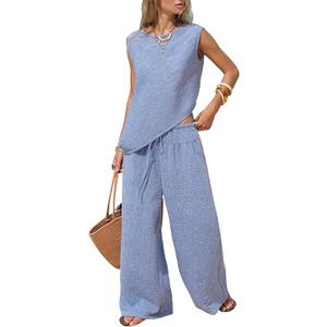EXLURA Womens Summer Two Piece Sets Cotton Asymmetrical Tank Tops Wide Leg Pants Set Faux Linen Beach Vacation Cruise Outfits, Large