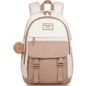 School Backpack for Teen Girls, Cute College Backpacks for Women Students Aesthetic Bookbag Large 17.3 Inch Laptop Bag Middle School Travel Back Pack (Khaki Beige)