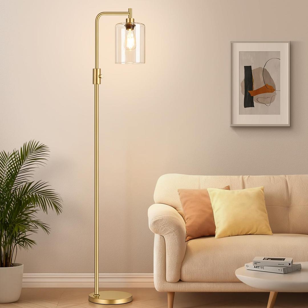 UpgradedDimmable Industrial Gold Floor Lamps for Living Room with Clear Glass Shade, Glass Modern Floor Lamp with 900LM Bulb Included, Standing Tall Lamp for Bedroom, Office, Reading Room, Corner