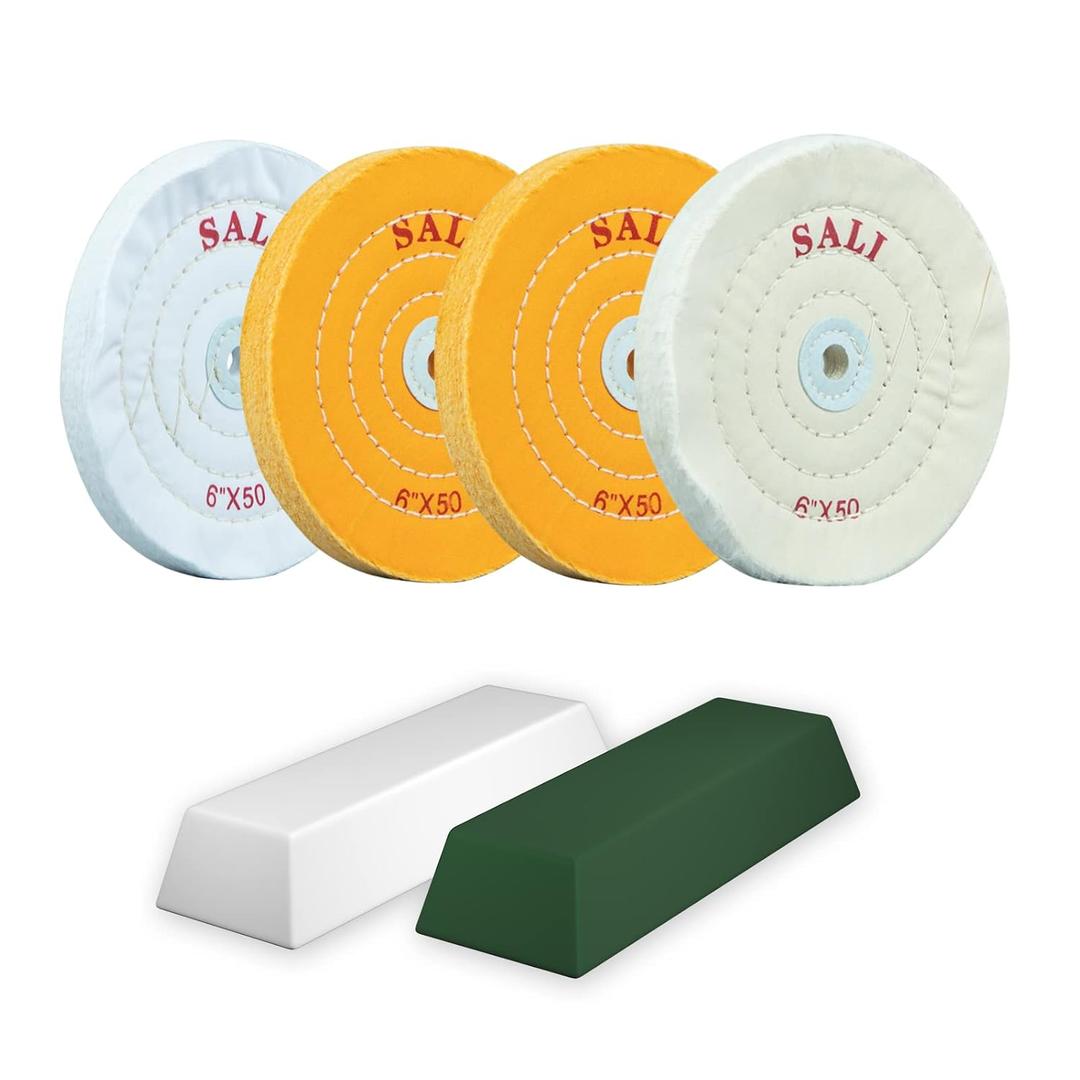 SALI 4 Pack Polishing Wheel for Bench Grinder - 6 Inch Buffing Wheel Set (2 Yellow Cotton, 2 White Cotton) - Buffer Polisher Pad With 1/2'' Arbor Hole and Polishing Compound Kit