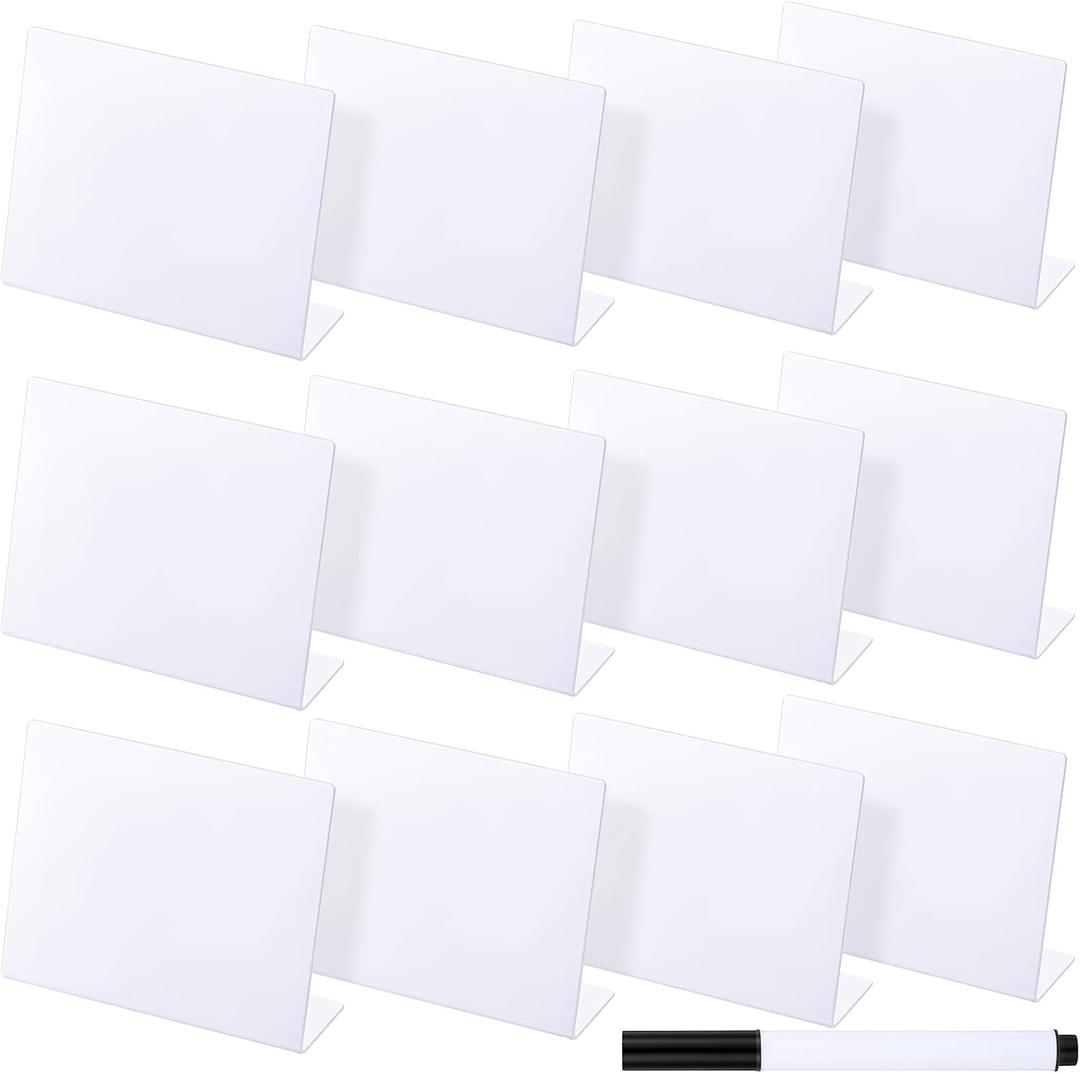 Outus 12 Pcs 4 x 3 Inches Buffet Food Labels Mini Small Chalkboard Signs White Acrylic Food Markers Little Price Signs with 2 Pcs Erasable Marker for Wedding Birthday Bakery Table Display