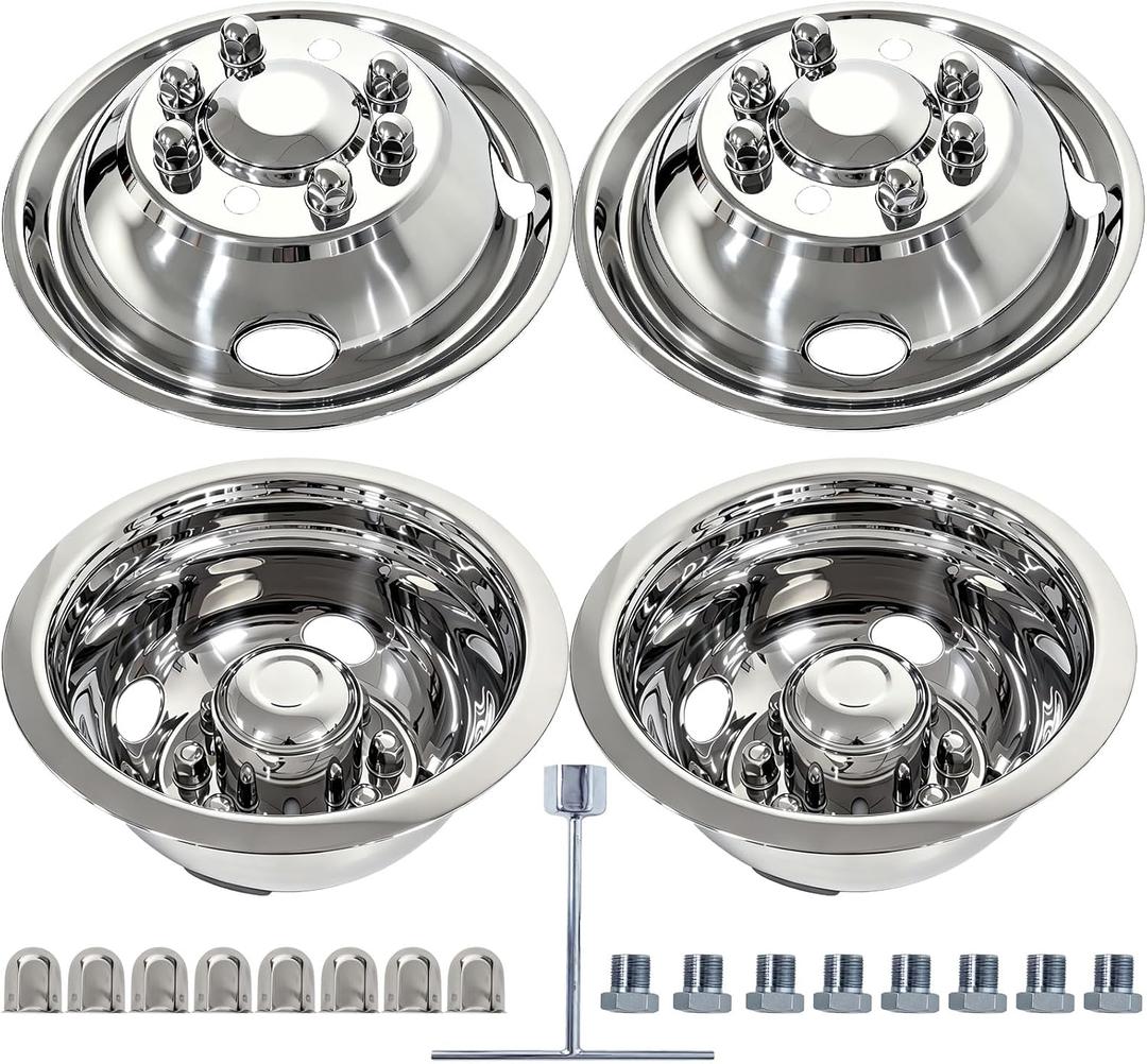 16 Wheel Simulators, 16“ 8-Lug Polished Stainless Steel RV Hub Caps, Bolts-On Wheel Covers Compatible with Ford 2008-2025 E-350/E450 Dual Rear Wheel, 16" For E350 E450 2008-2026