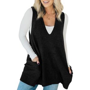 Saodimallsu Womens Sleeveless Sweater Vest V Neck Loose Knit Casual A Line Flattering Tunic Top with Pockets, Size XL