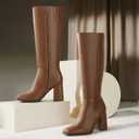 Ankis Knee High Boots for Women Squared Toe Chunky High Heel with Side Zipper Long Boots (8, Brown Pu)